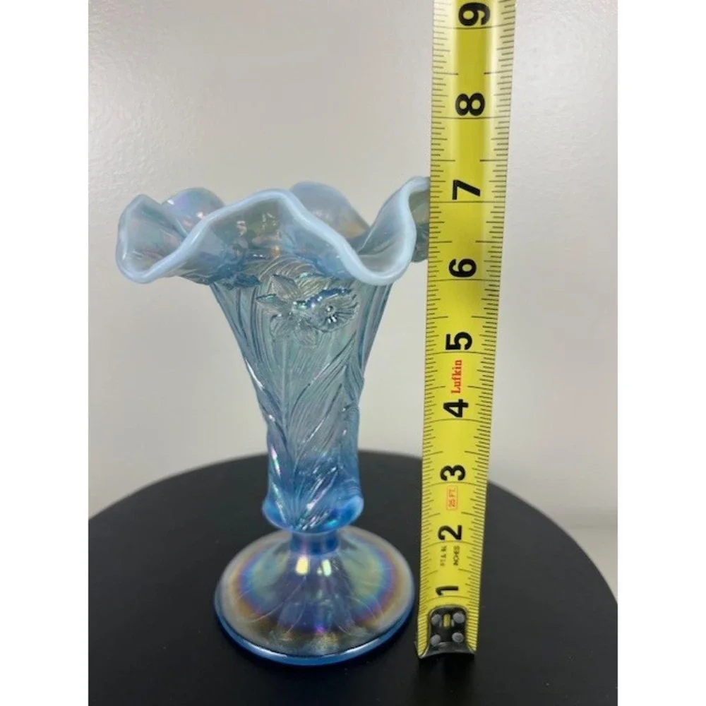 Fenton Ice Blue Iridescent Vase Daffodils Ruffled Edge 7-8